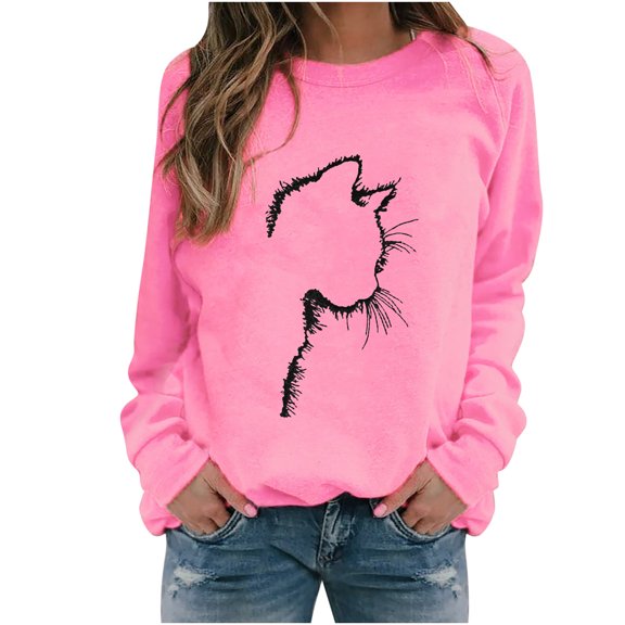 IROINNID Women's Long Sleeve Pullover Sweatshirt Round Neck Mid-Length Print Casual Autumn And Winter Cat Sweater, Pink