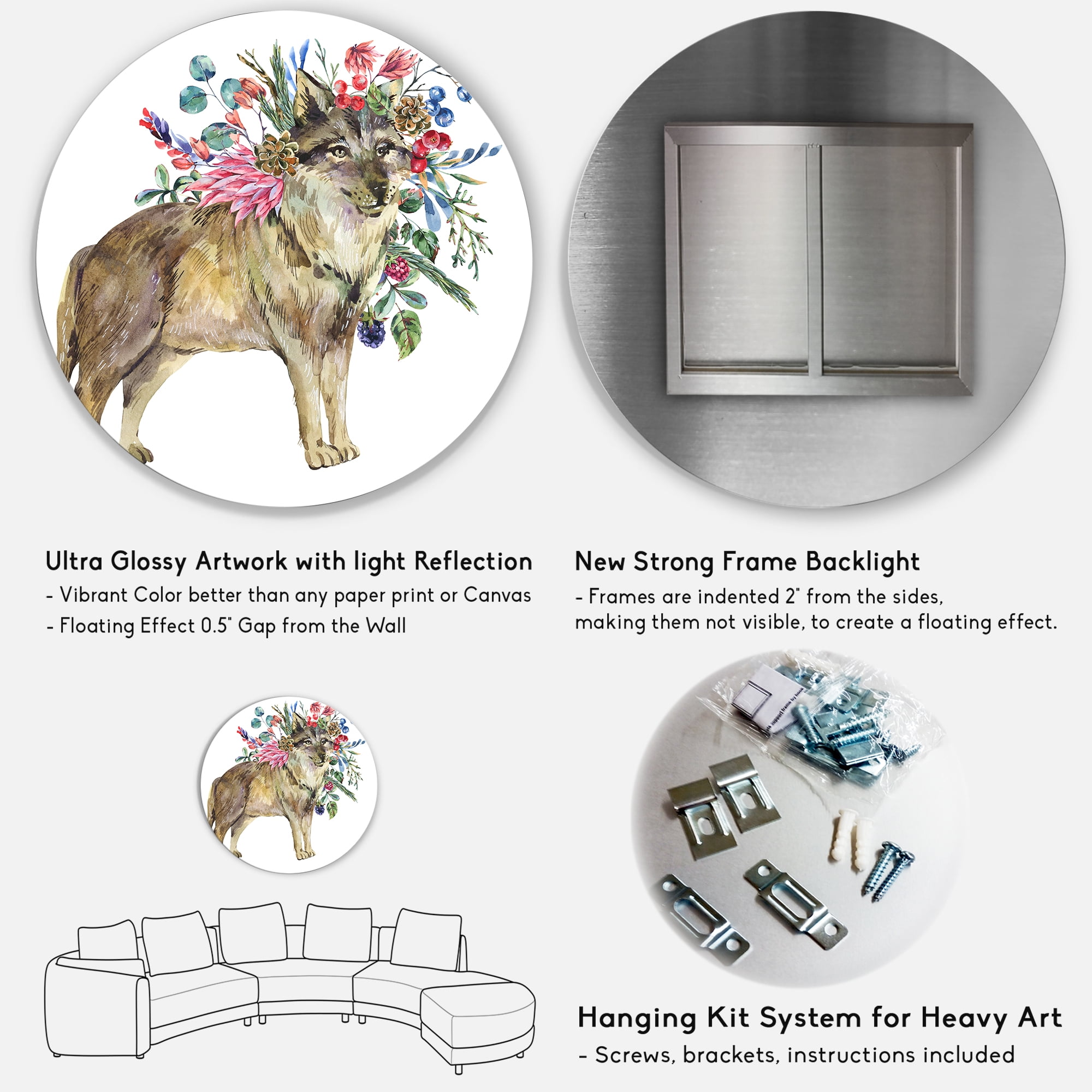 Designart 'Wolf With Woodland Flowers On White' Farmhouse Circle Metal Wall Art 29x29 - Disc of 29