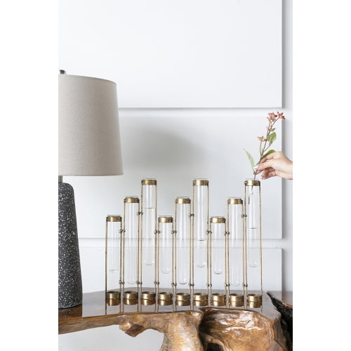 17.7x1.8x13.8 Glass Vial Flower Vase with Bronze Metal Frame