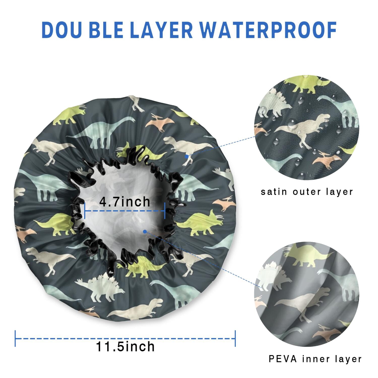 Shower Caps,Dark Watercolor Dinosaur Pattern Waterproof Shower Cap for Women 4 Pieces,Double Reusable Hair Cover for Shower PEVA Elastic Stretch Hem