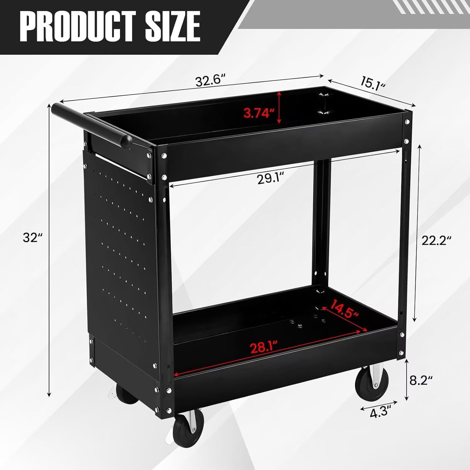 2-Tier Utility Cart, Heavy Duty Steel Rolling Cart, 300lb Multi-Purpose Tool Organizer, Metal Garage Organizer Tool Cart for Warehouse, Garage, Garden, Kitchen