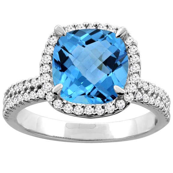 14K White Gold Natural Swiss Blue Topaz Halo Ring Cushion 9x9mm Diamond Accent, size 6.5