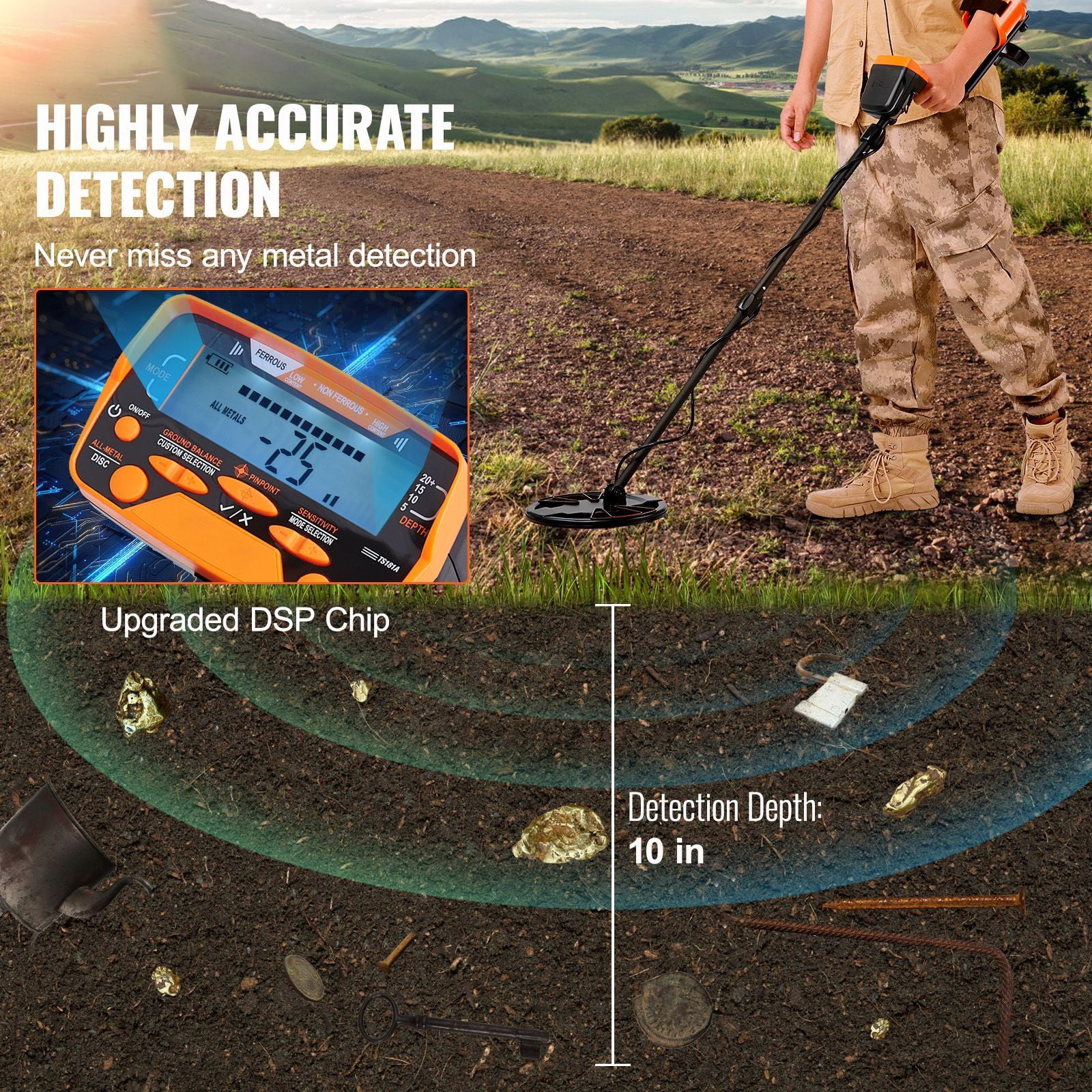 Adult and children metal detector 10-inch waterproof coil, LCD display 7 modes, 41-52 inch adjustable aluminum tube, DSP chip gold detector 10 feet detection depth