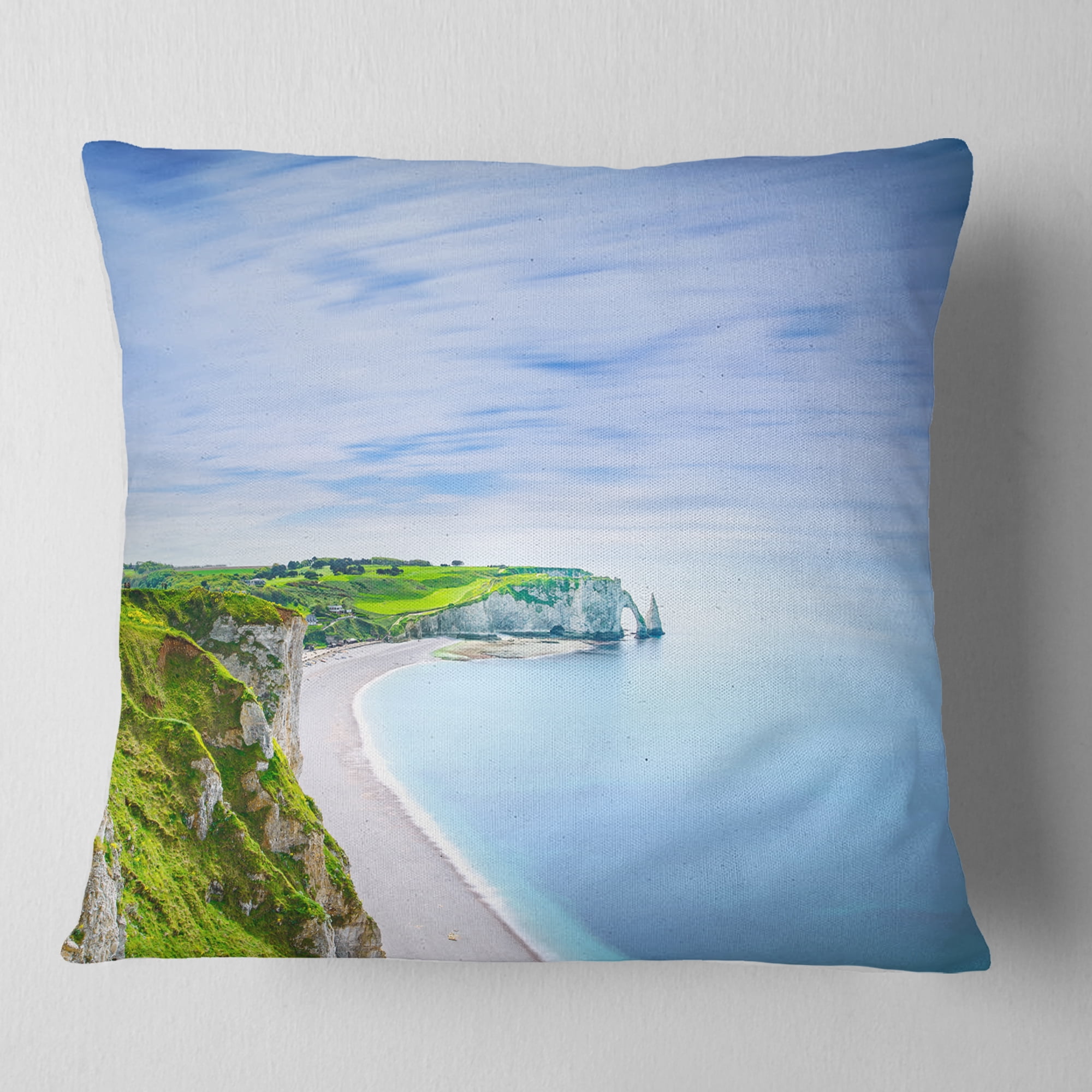 Designart Etretat Aval Cliff and Rocks Normandy - Beach Photo Throw Pillow - 18x18
