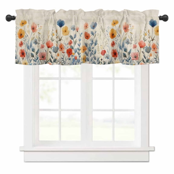 Blue Red Valances for Windows and Yellow Poppy Watercolor Floral Retro Linen Rod Pocket Curtain Valance Window Treatment Short Curtains for Kitchen Living Room, 54"x18"