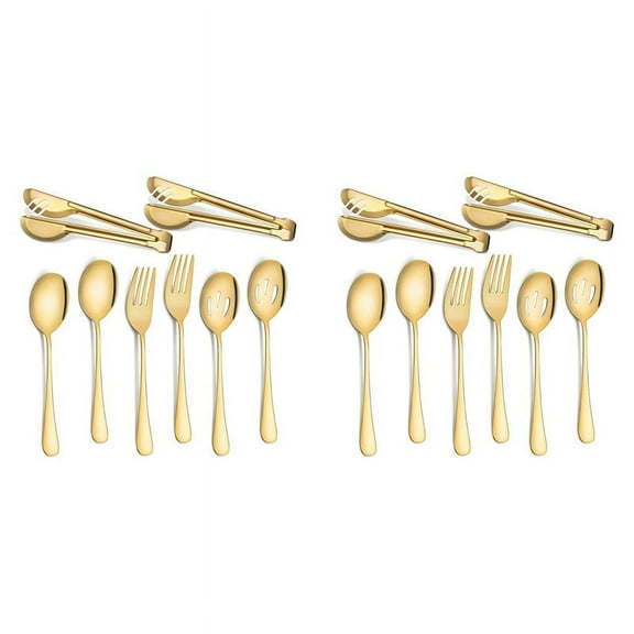 Stainless Steel Flatware Serving Utensils Large Serving Spoon Set of for Kitchen (Gold,16 Pieces)