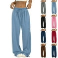 thumbnail image 5 of Women's Solid Color Casual High Waisted Loose Fit Athletic Pants with Side Stripes, Sporty Sweatpants, Elastic Waist Joggers for Running Yoga Women's Trousers,Navy,L, 5 of 6