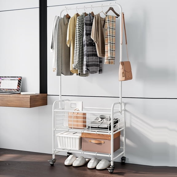 Laundry Basket with Wheels Rolling Laundry Hamper Laundry Sorter Cart Shelf Hanging Rack,White