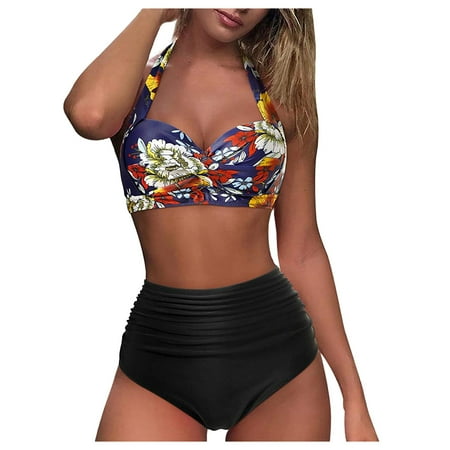 

Ruched Piece Retro High Print Women Halter Swimsuit Two Bikini Vintage Waist Set Swimwears Tankinis Set Sports Bra And Shorts Set Women Swimsuit Tops with A Bra Bathing Suits for Women Retro Womens
