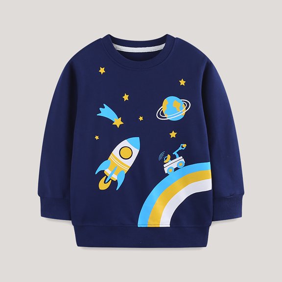 Trendfront Boys Crewneck Sweatshirts Cartoon Rocket Planet Graphic Long Sleeve Fall Winter Everyday Warm Pullover Tops