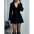 thumbnail image 6 of Women'S Sweater Dress Button V-Neck Long Sleeve Knit A-Line Mini Dress Black M, 6 of 9