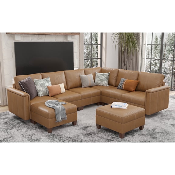 SITJOY 118" Faux Leather Modular Sectional Couches with Storage, Convertible 8 Seat U-Shaped Sectional Sofa with Ottoman for Living Room, Brown