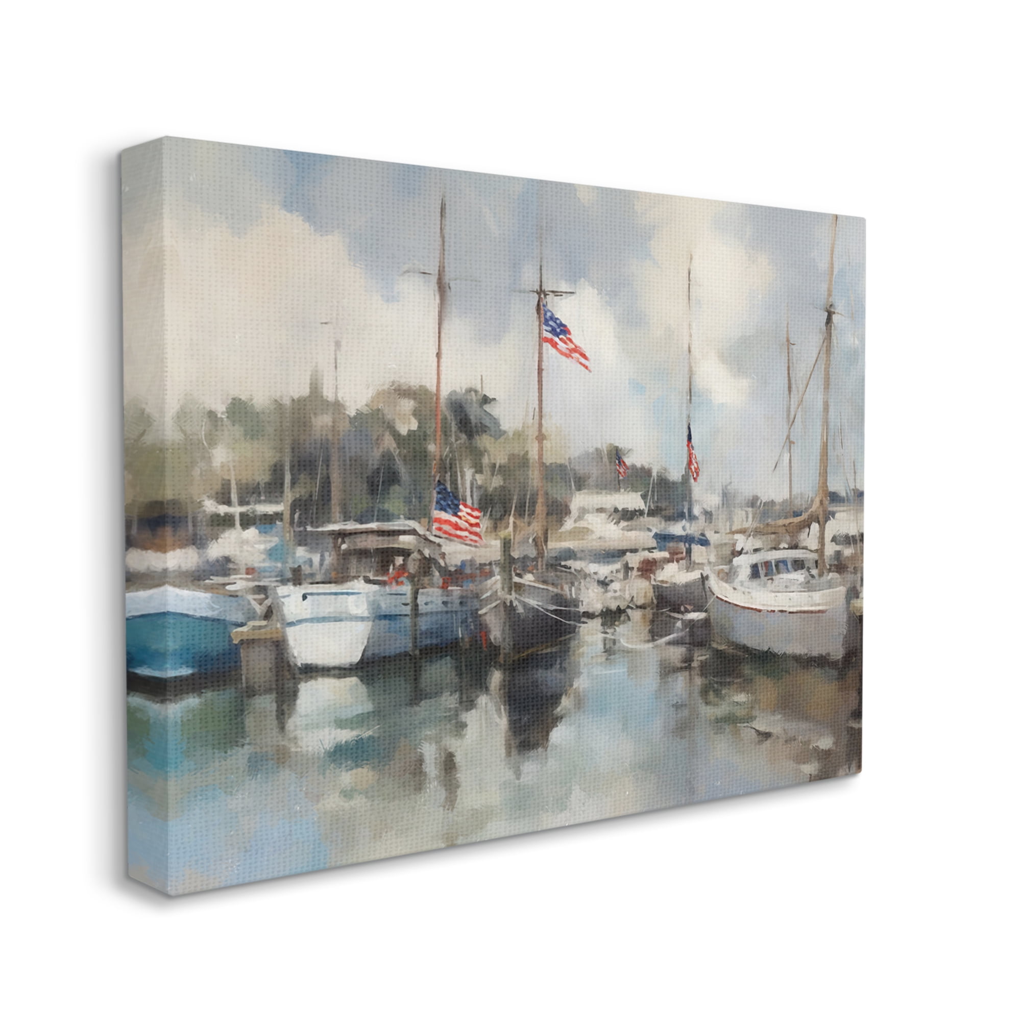 Stupell Industries Boats with American Flags Transportation Painting Gallery Wrapped Canvas Art Print Wall Art, 48 x 36