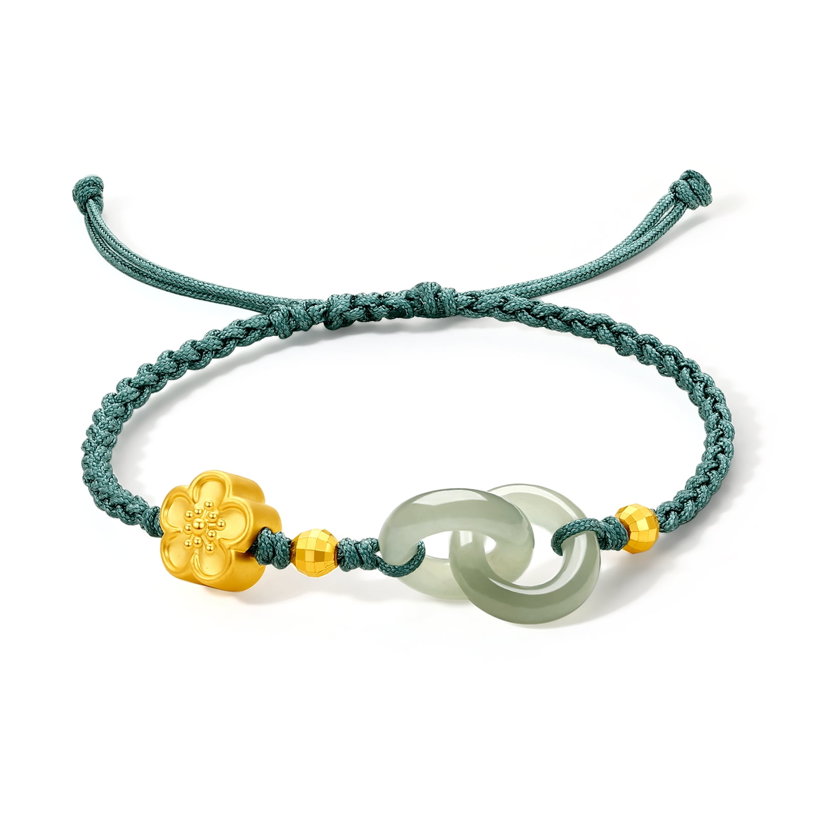 ZHOU LIU FU 24K Solid Gold Cherry Blossom Braided Bracelets for Women, Nephrite Jade Interlocking Circle Charm Jewelry for Mom Women Lover 6.3-8.7inches