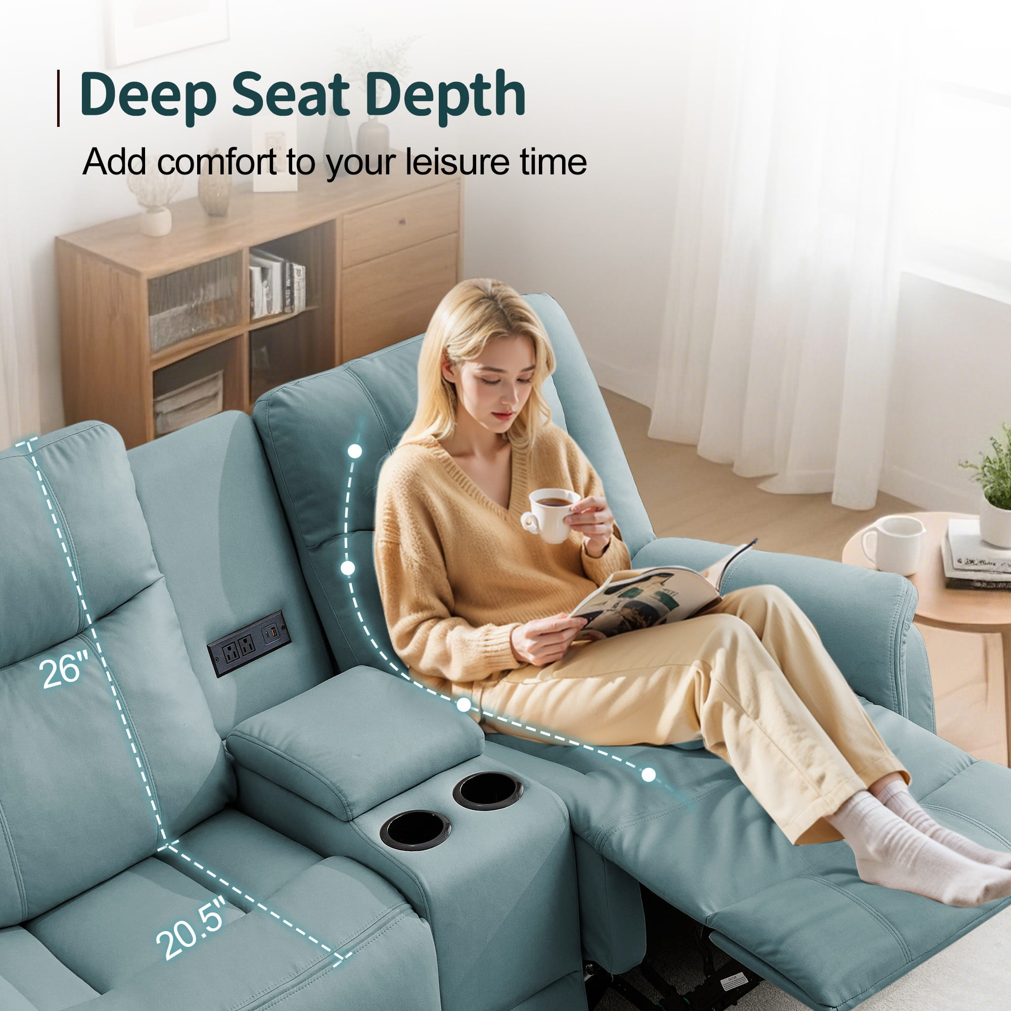 Korser 2-Seater Loveseat Recliner, Reclining Sofa with USB Ports, Cup Holders for Home Theater,Blue