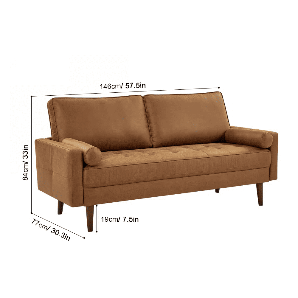 Homfa 2 Seat Leather Sofa with 2 Pillow, 57.5" Mid-Century Modern Loveseat Sofa Upholstered Tufted Couch Small Spaces Furniture for Living Room, Camel