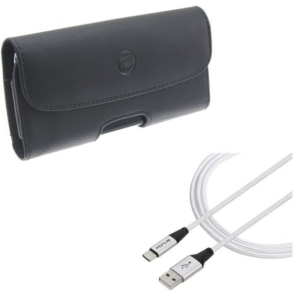 Type-C 10ft USB Cable w Leather Case Belt Clip for Samsung Galaxy S10 Plus - Charger Cord Power Wire, Holster Cover Loops A3Q