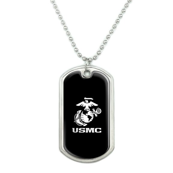 Marine Corps USMC Text White Logo on Black Officially Licensed Military Dog Tag Pendant Necklace with Chain