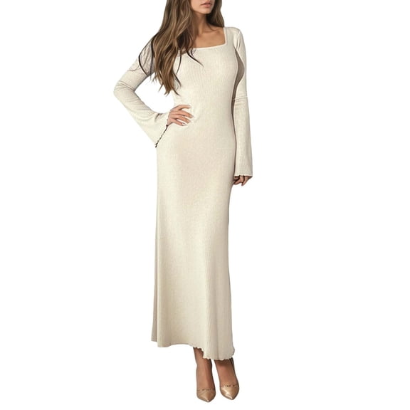 QHFBli Women's Sweater Dress 2025 Fall Winter Long Sleeve Square Neck Pleated Wedding Guest Knit Midi Dresses