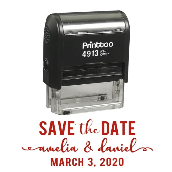 Printtoo Personalized Red Self Inking Wedding Stamp Custom Save The Date Rubber Stamper -58 x 22 mm