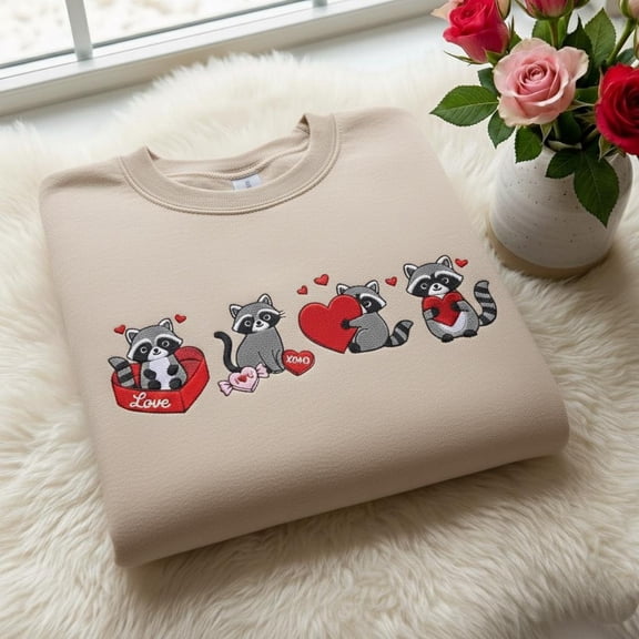 Embroidered Cute Racoon Sweatshirt, Valentines Day Cat Shirt, Embroidered Racoon Hoodie, Cute Valentines Day Sweater, Valentines Day Tee