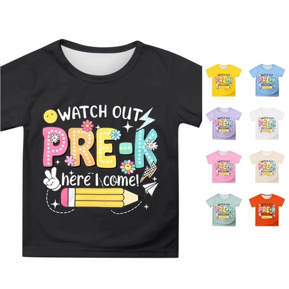 WAYUTE Girls T Shirts Short Sleeve Cartoon Print Round Neck Tees Shirt for Kids Back To School Outfits Summer Fall Daily Wear Casual Outdoor T Shirt,Black