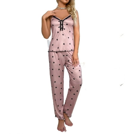 

All Over Print Contrast Binding Pant Sets Spaghetti Strap Sleeveless Sleepwear Cute Women s Pajama Sets
