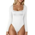 thumbnail image 2 of Durtebeua Women's Sexy Square Neck Bodysuit Long Sleeve Double Lined Shirt Tops White,S, 2 of 5