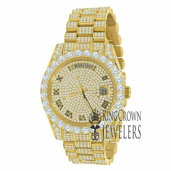 Full Stainless Steel Day-Date Roman Face Solitaire Bezel 18K Gold Tone Mens Simulated Diamond Watch 40mm
