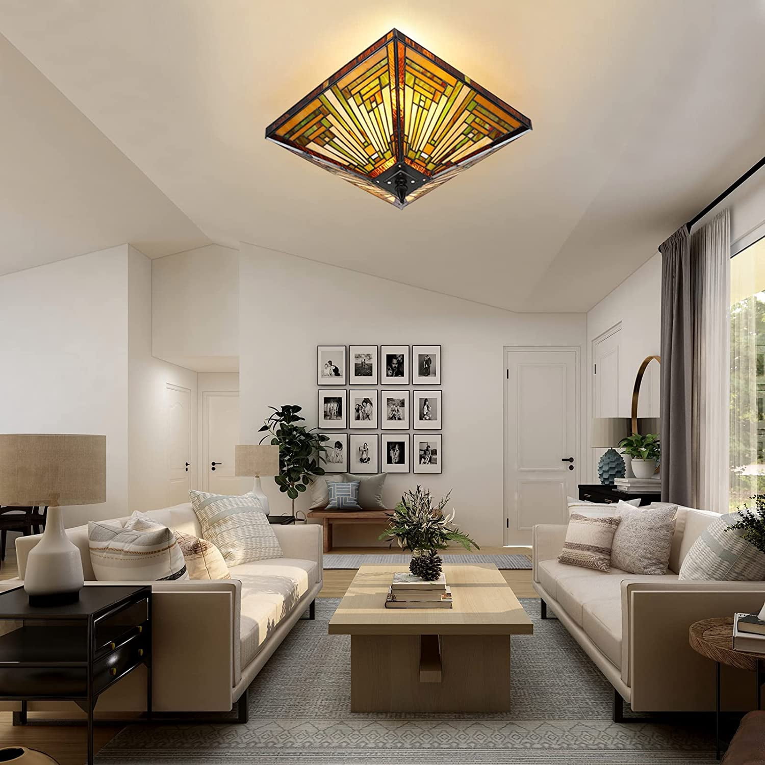 14 inch Tiffany Style Ceiling Light Wide Amber Brown Stained Glass Semi Flush Mount Ceiling Lamp for Kitchen Porch Entryway Bathroom Hallway 2 Light