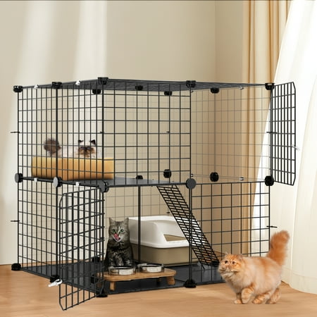 Uforic 2-Tier Cat Cage,Indoor Pet Cage,DIY Pet Playpen Metal Kennel for 1-2 Cats, Ferrets, Chinchillas, Kittens,Travel and Camping,28"L x 28"W x 28"H,Black