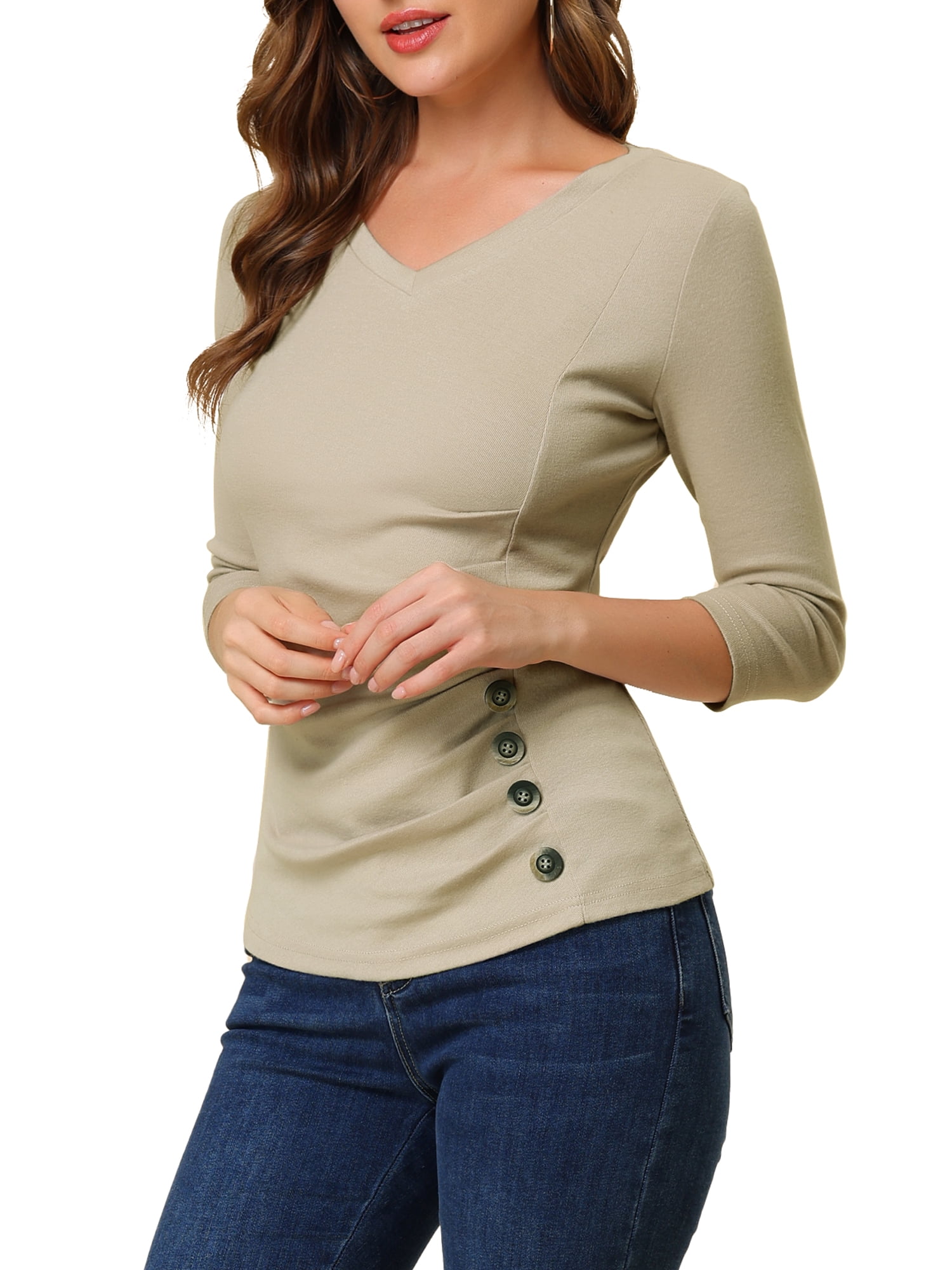 DARING DIVA V Neck Knitted Buttons Decor Ruched Blouse Top M Light Khaki