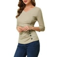 thumbnail image 4 of INSPIRE CHIC Women's Ruched Blouse Button Decor V Neck 3/4 Sleeve Solid Knit Top M Light Khaki, 4 of 6