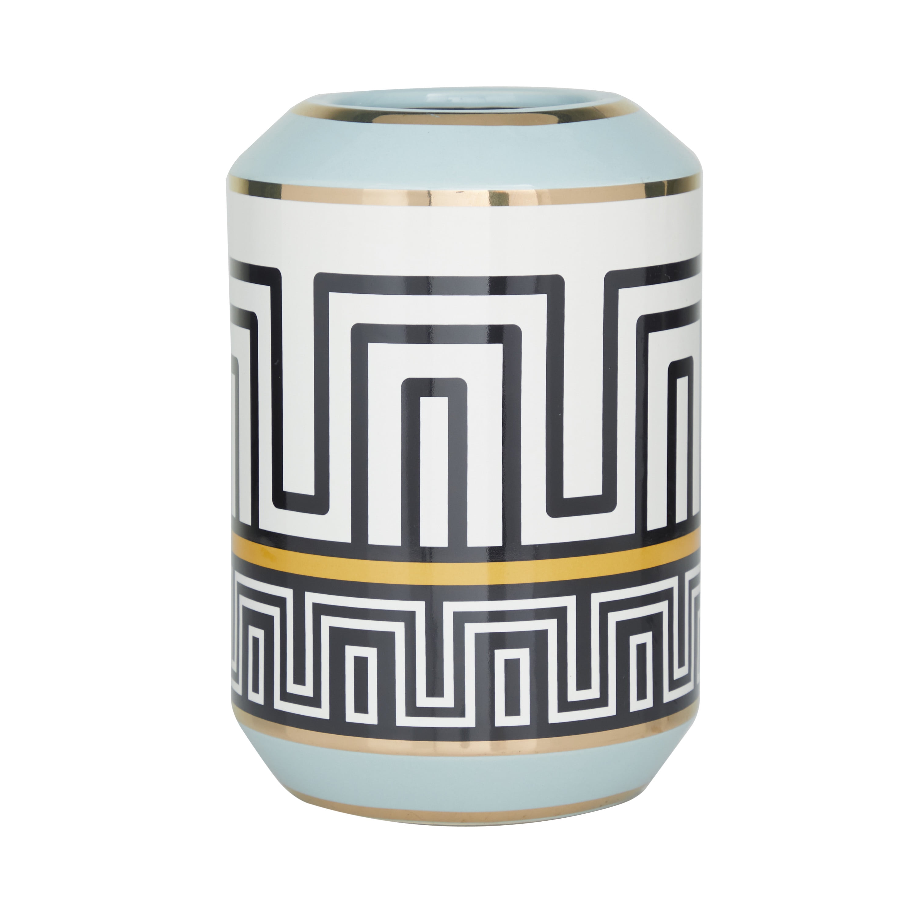 DecMode 9" Teal Ceramic Vase with Greek Knot Pattern