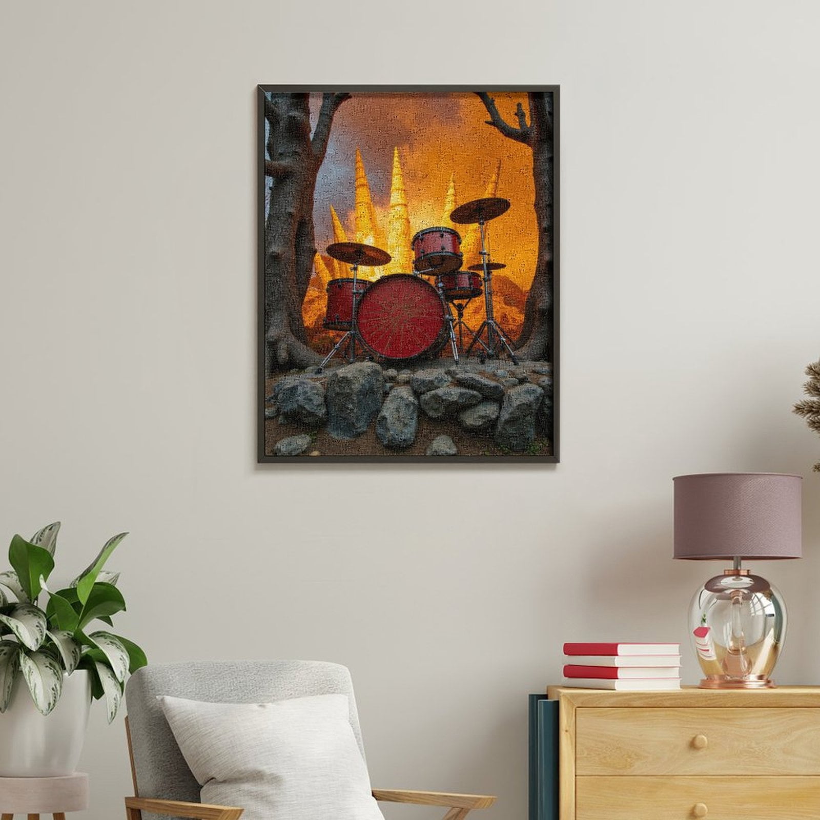 Paint By Numbers Kit for Adults Beginner - DIY Drum Set Sunset Trees Rocks Canvas Painting Kits for Adults, Frameless Paint By Number for Adults for Home Wall Decor 16x20 Inch