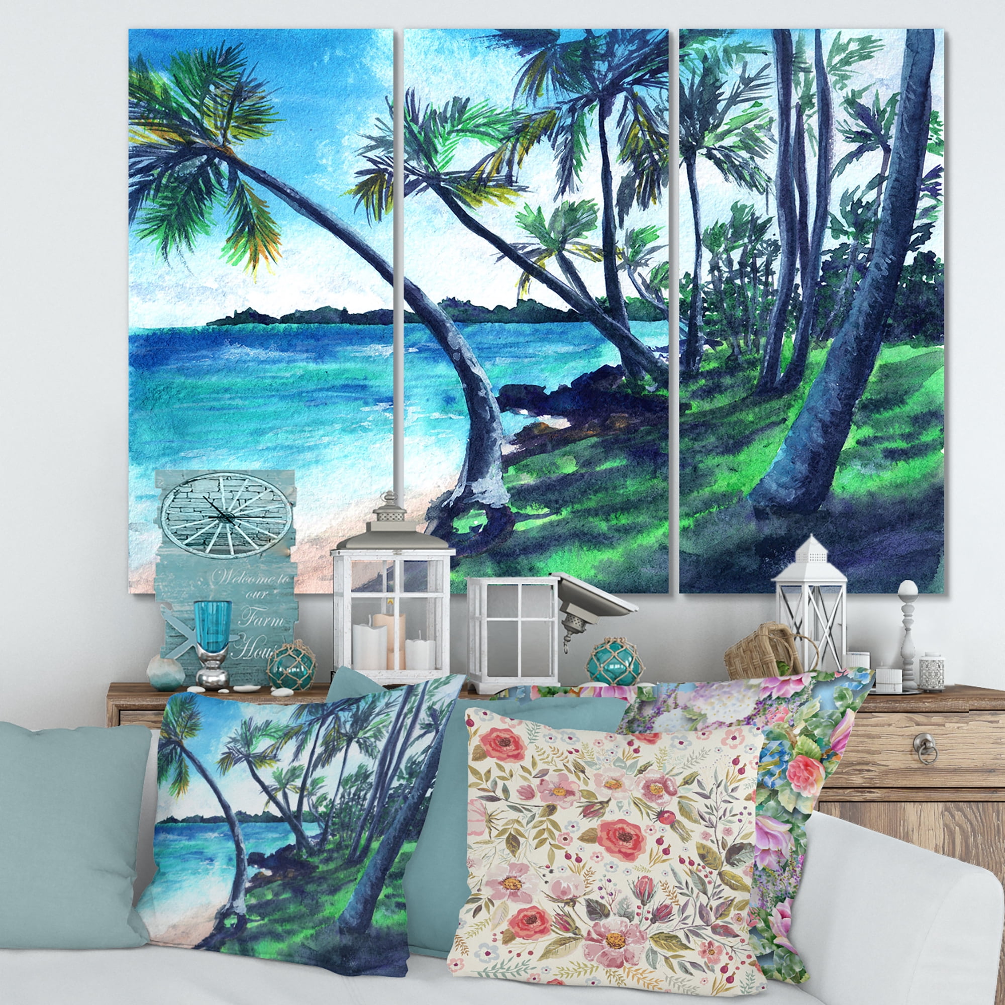 Designart ' Tropical Beach In Summer Paradise With Palm Trees ' Nautical & Coastal Canvas Wall Art Print