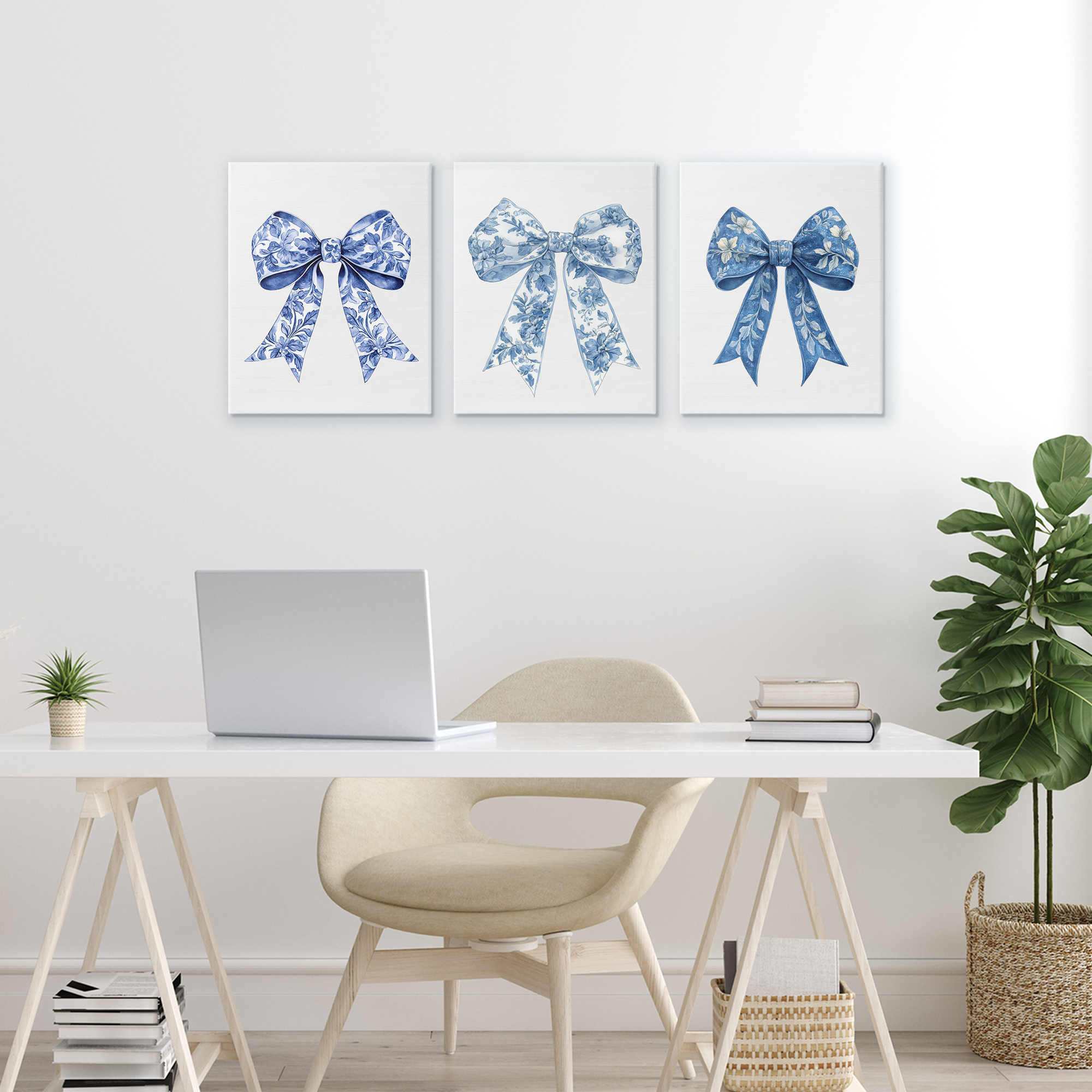Vintage Toile Pattern Bows 3 Piece Canvas Wall Art Set, design by Lettered and Lined