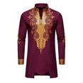 thumbnail image 5 of QQAMB Mens African 2 Piece Set Nigerian Dashiki Metallic Traditional Suit Gold Printed Shirt and Pants Outfits Wine M, 5 of 7