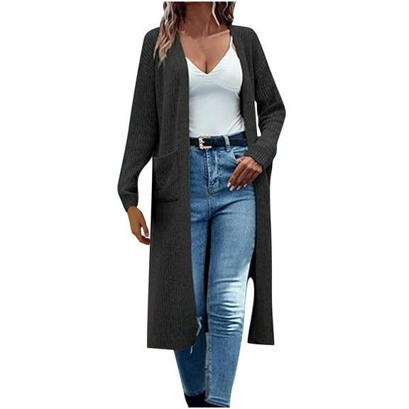 TKLPEHG Long Cardigan Sweaters for Women Fall Fashion Open Front Long Sleeve Oversized Casual Coat with Pockets (Black,XXXL)