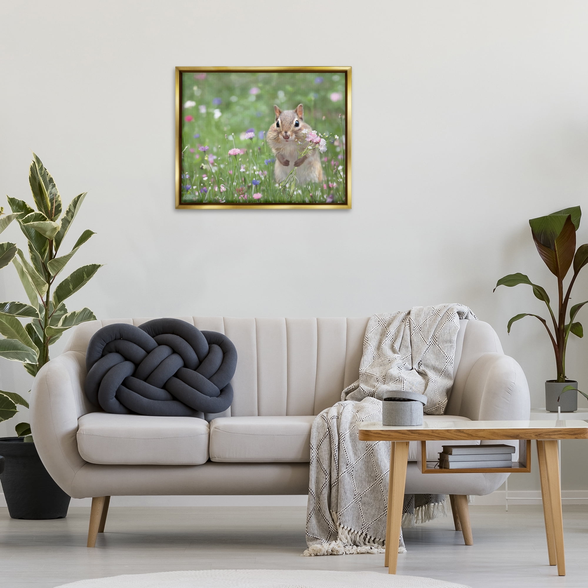 Stupell Industries Chipmunk Picking Flowers Animals & Insects Painting Gold Floater Framed Canvas Art Print Wall Art, 31 x 25