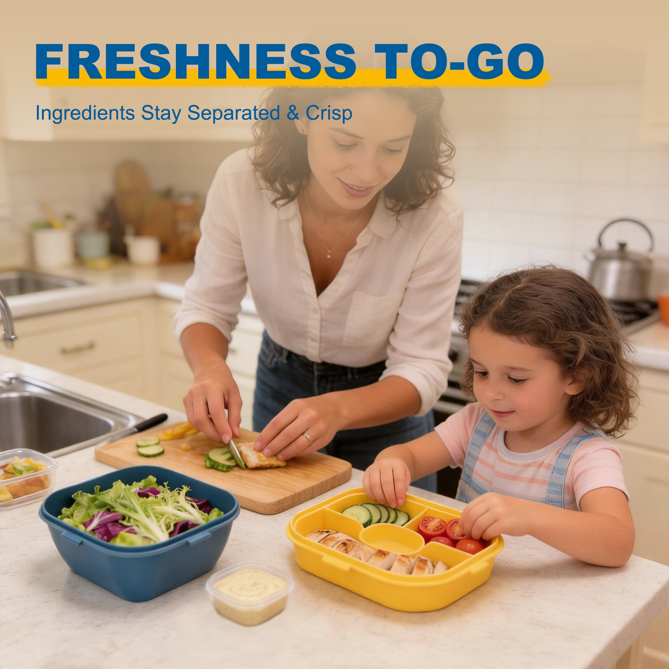 GARITIN Salad Container, 58 oz Bento Lunch Box with 4-Compartment Tray for Meal Prep