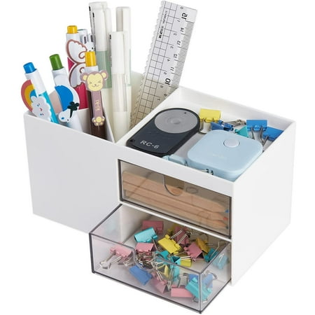 Pencil Pen Holder for Desk, Plastic Office Desk Accessories Organizer, Business Card/Mobile Phone/Stationery Holder Storage Box, White