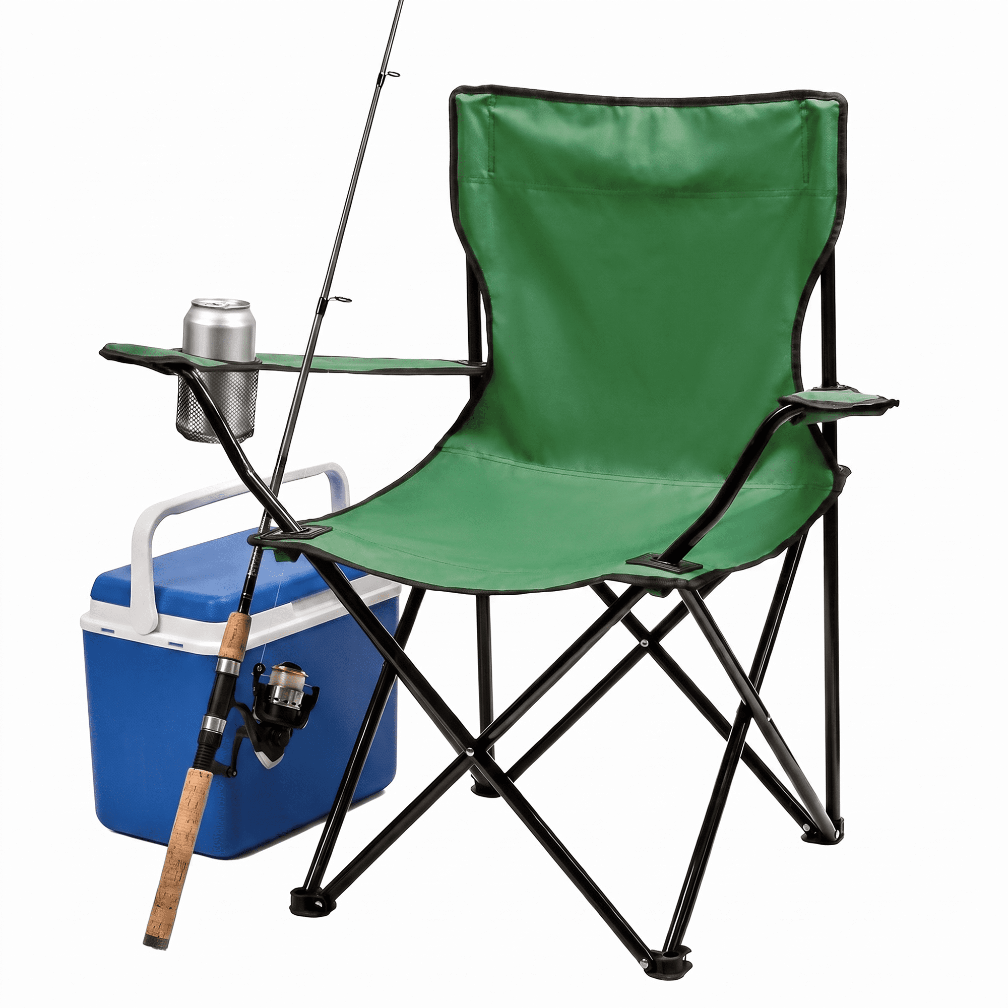 OVENTE Portable Camping Folding Chair with Heavy Duty Steel Frame, Arm Rest, Mesh Cup Holder and Carry Bag, Outdoor Foldable Seat Ideal for Fishing, Hiking, Travel, Picnic and Beach, Green CHR001G