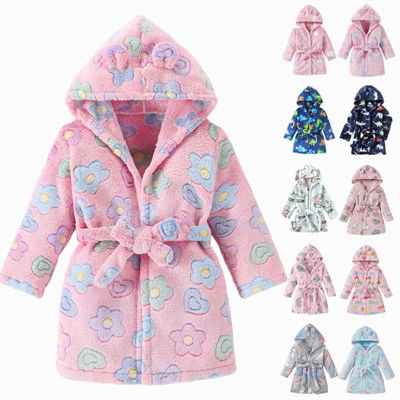 Nwiuh Toddler Girls Warm Fleece Hooded Robe Cute Heart Flowers Bowknot Graphic Outfit Fall Winter Long Sleeve Warm Robe (Hot Pink, 3-4 Years)