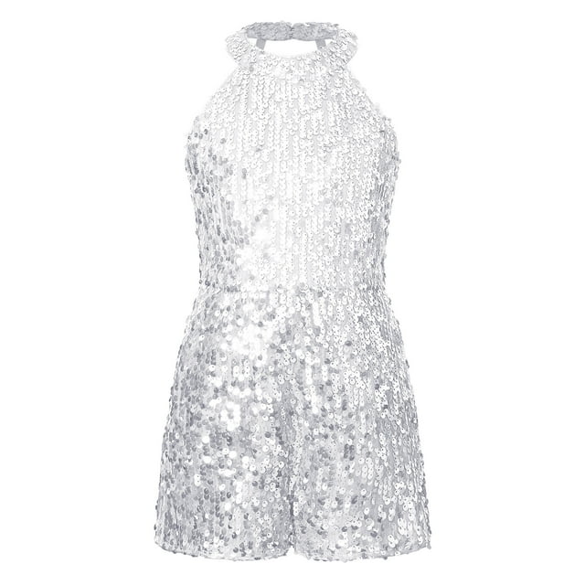 Yanarno Combinaison Short de Danse pour Filles, Col Licou, Paillettes, Fête de Noël, Rumba Samba, Argent, 12