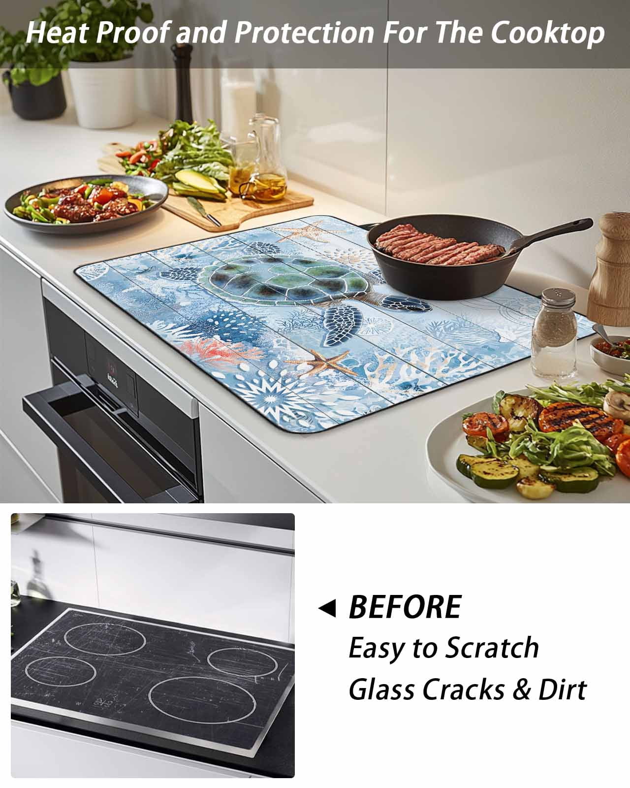 Stove Top Covers for Electric Stove, Ocean Turtle Glass Stovetop Cover Protector, Blue Coral Coastal Starfish Nautical Shell Induction Cooktop Protector Oven Mat for Kitchen Countertop 24"x21"
