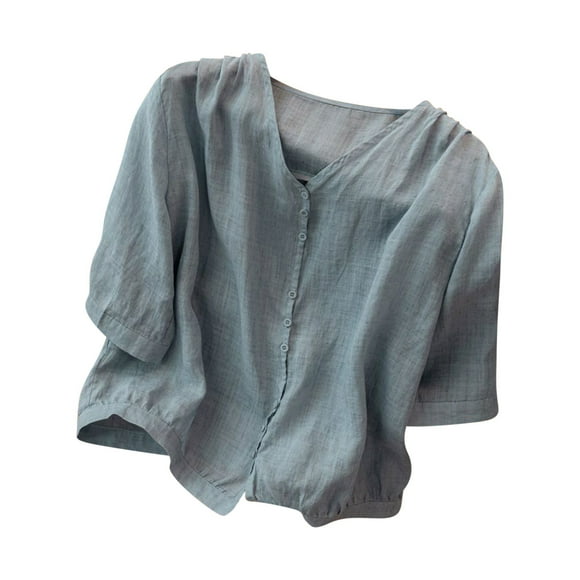 VEKDONE 3/4 Sleeve Linen Tshirts for Women Mexican Cropped Blouse Summer Button V-Neck Tunics Tops Solid Color Plus Size Thin Shirts Deals Of The Day