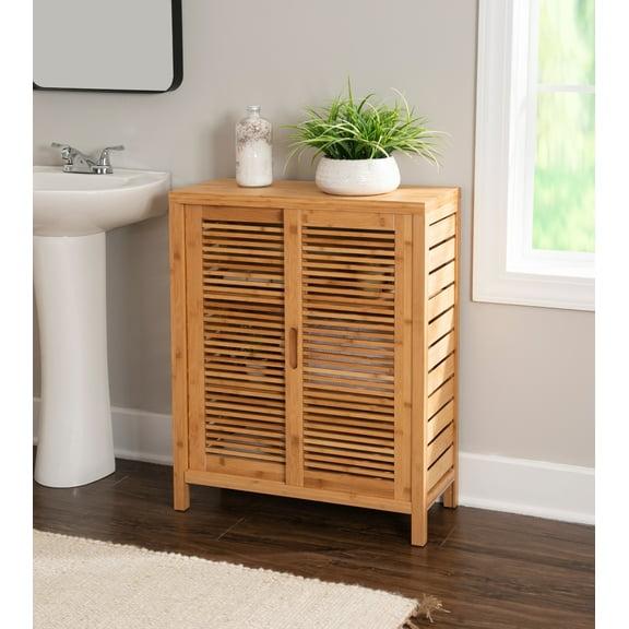 Linon Harding 3-Shelf Dual Sliding Door Floor Cabinet, 26" Wide, Natural Bamboo Finish