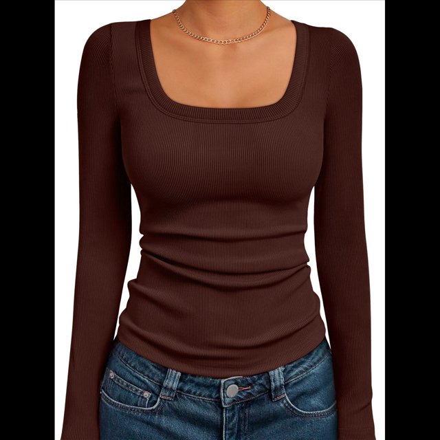 Camisas de Larga para Mujer, Blusas de Cuello Cuadrado, Blusas Básicas de Punto Acanalado, Conjuntos de Otoño, Ropa de Moda Marrón Oscuro M