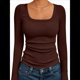 thumbnail image 1 of Camisas de Larga para Mujer, Blusas de Cuello Cuadrado, Blusas Básicas de Punto Acanalado, Conjuntos de Otoño, Ropa de Moda Marrón Oscuro M, 1 of 8
